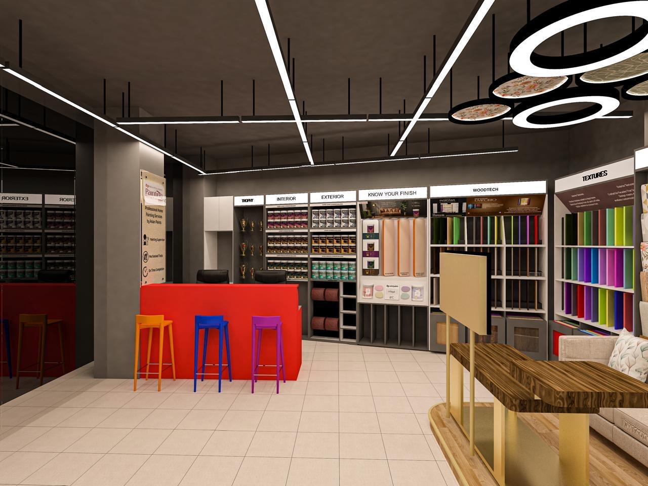 Galaxy Colour World showroom — colour shelves and finish displays