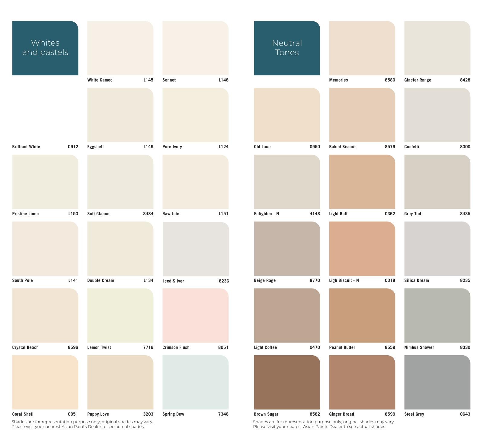 Original Apex Ultima shade card: Whites, pastels & neutral tones, including shade names and codes