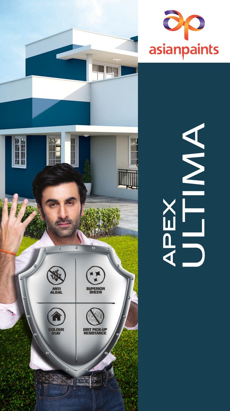 Asian Paints Apex Ultima shade card with a blue and white home