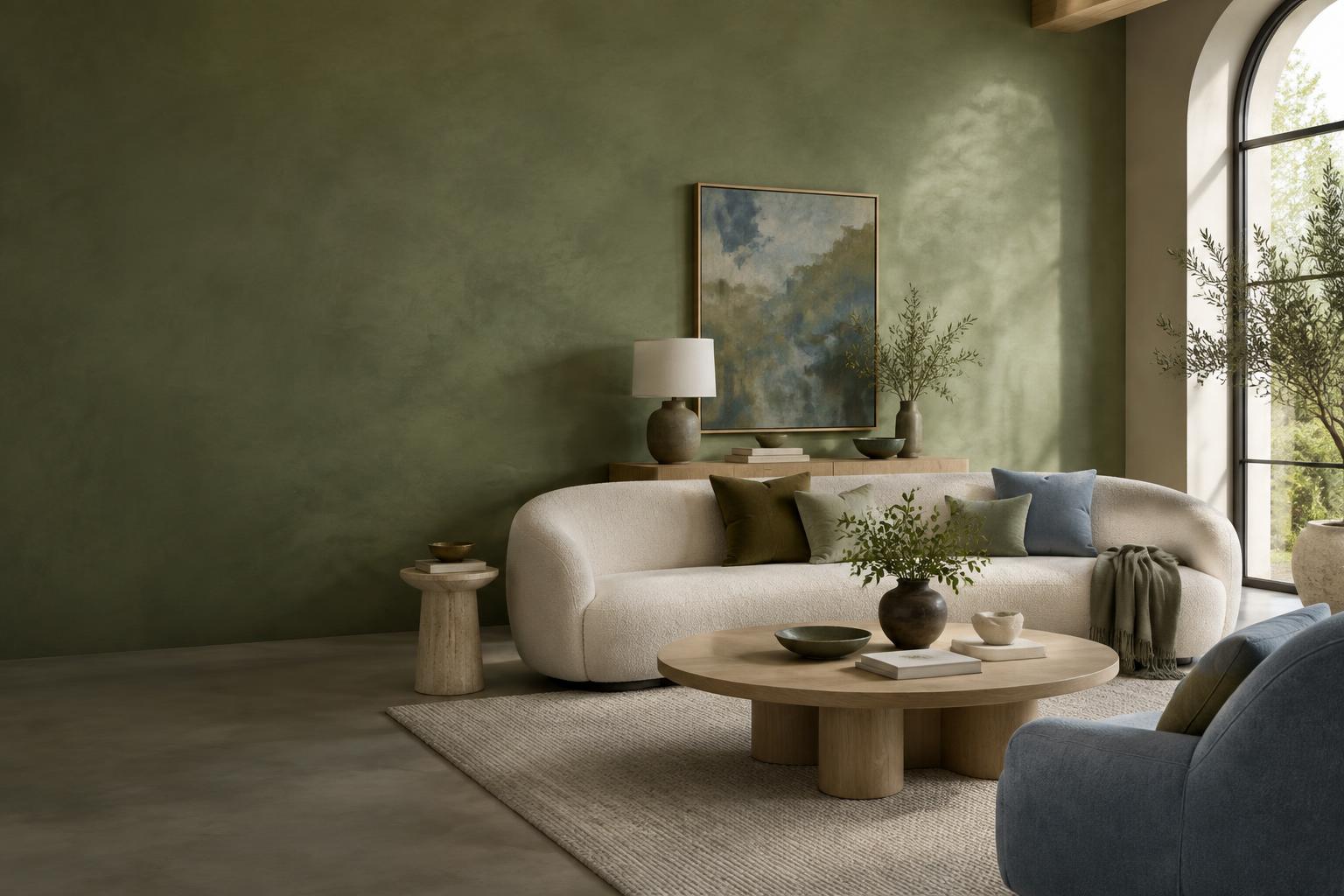 Living room with a rich sage limewash wall