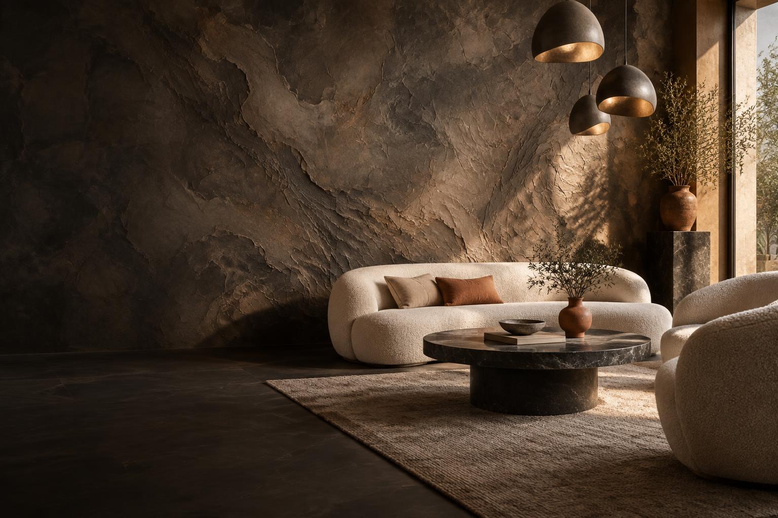 Luxury lounge with a hand-applied mineral texture wall