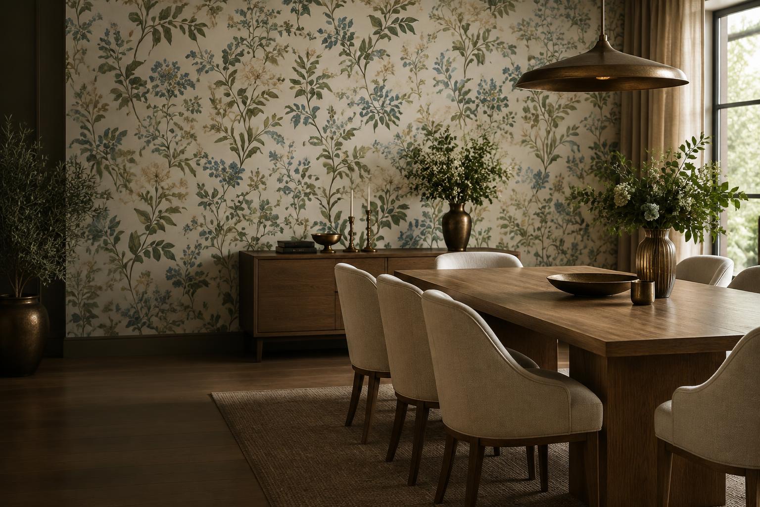 Elegant dining room with botanical wallpaper