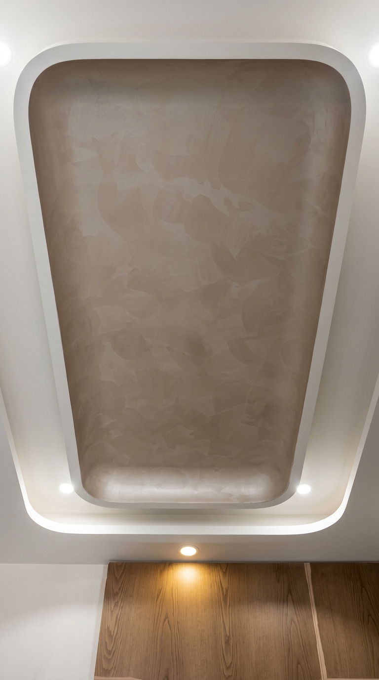 Curved taupe plaster ceiling framed by illuminated white coves