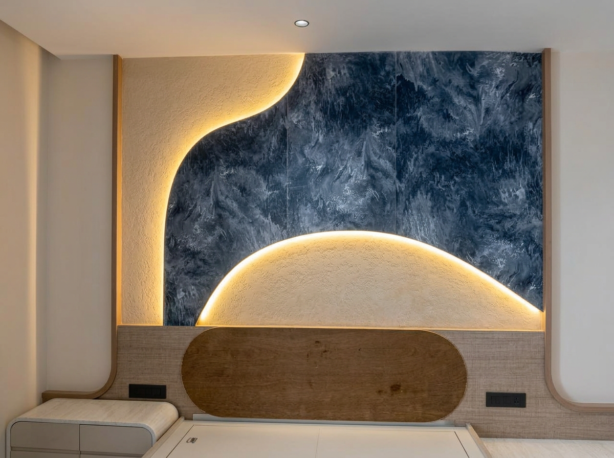 Dark blue mineral-textured bedroom feature wall with curved cream plaster and warm lighting