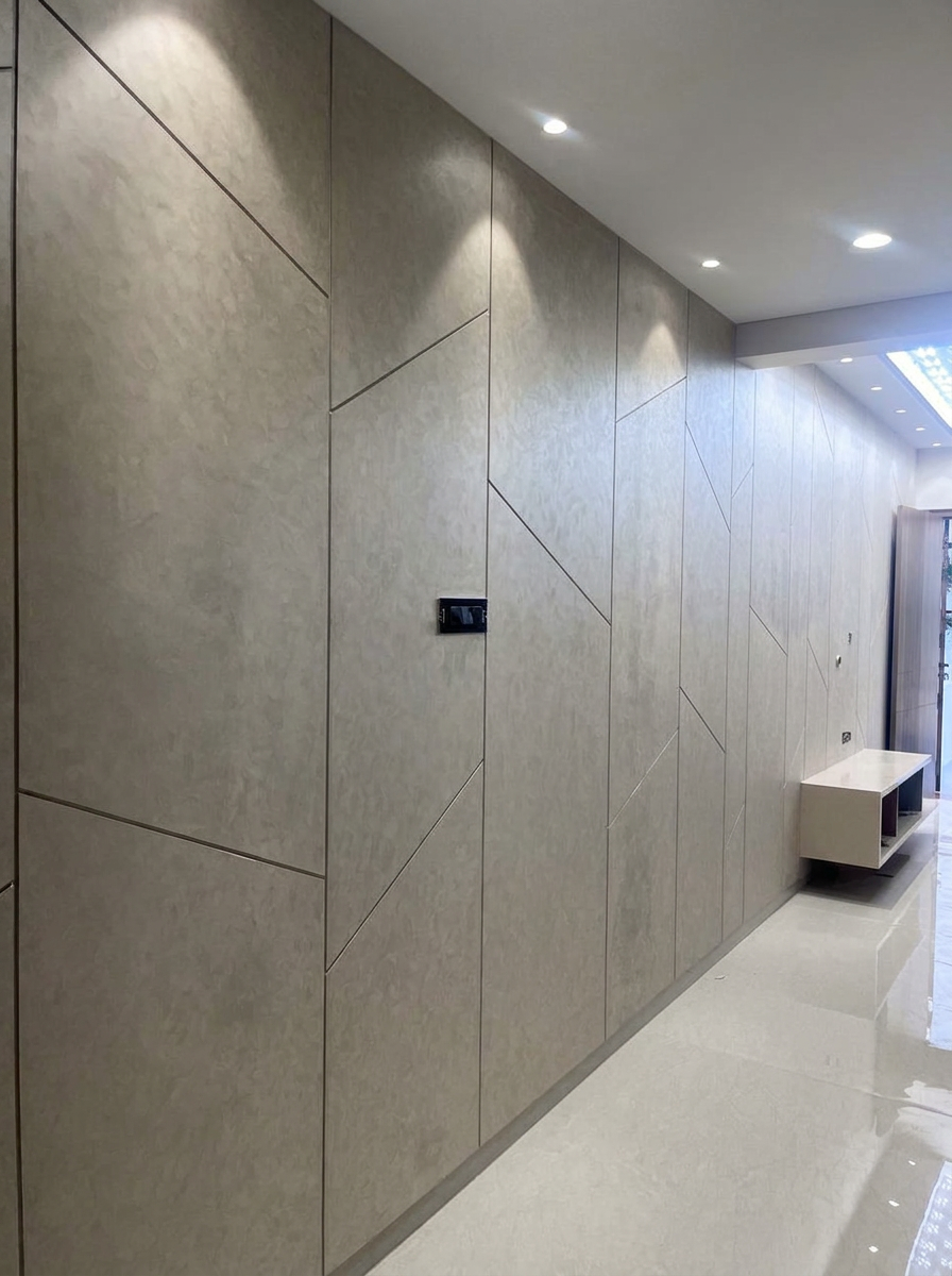 Long grey textured feature wall divided by angular panel joints
