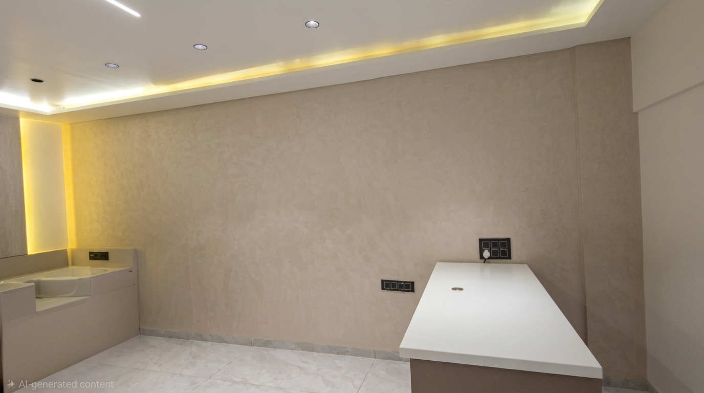 Pale textured interior wall and ceiling with warm cove lighting and white cabinetry