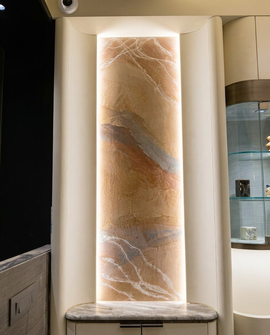 Warm marble-effect decorative panel with white veining and curved illuminated surrounds