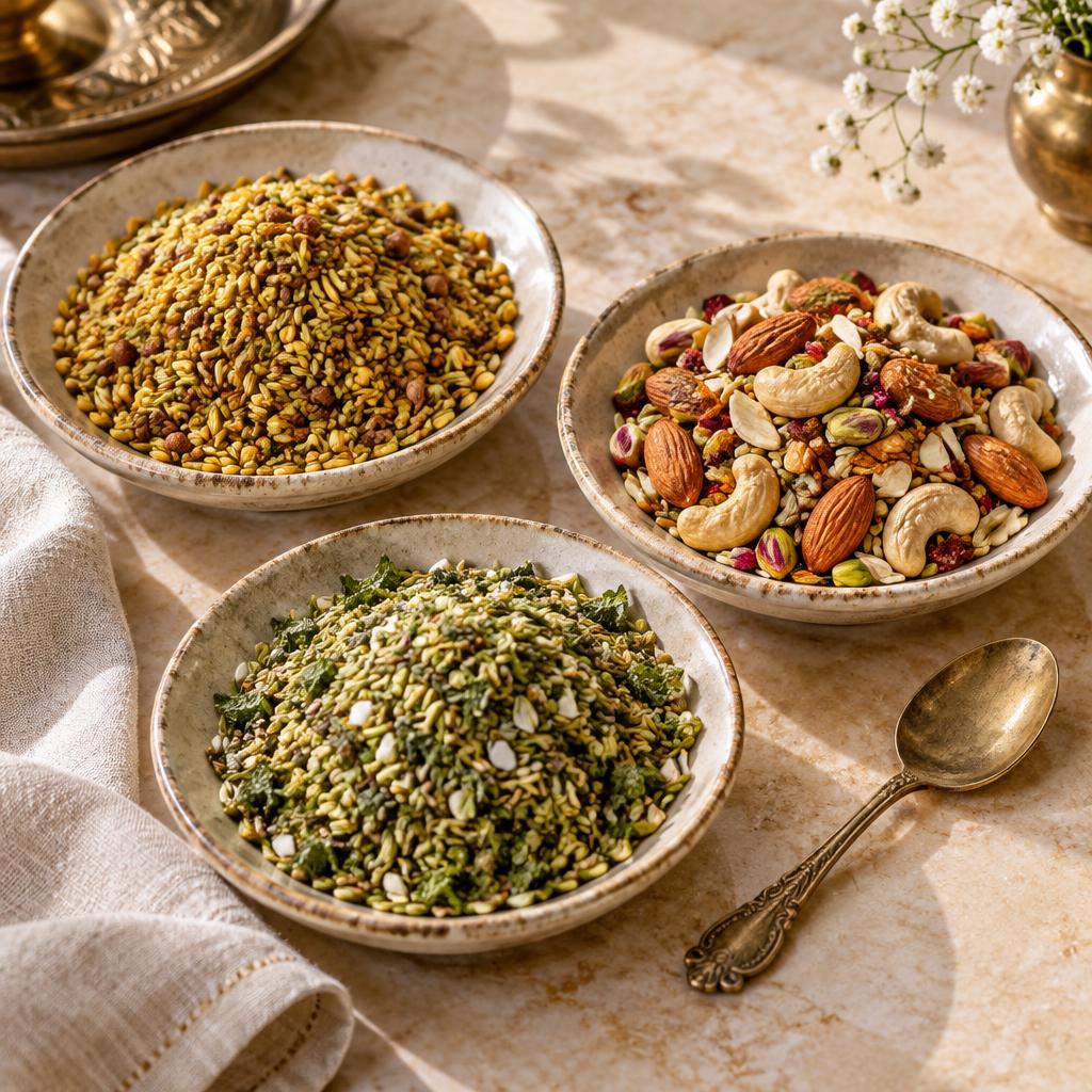 Three varieties of Glitz Mukhwas served in ceramic bowls